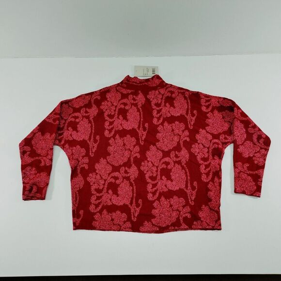 Sioni Red Floral Mock Neck Sweater Textured‎ Pattern Long Sleeve Crop Top Size L - Picture 2 of 8